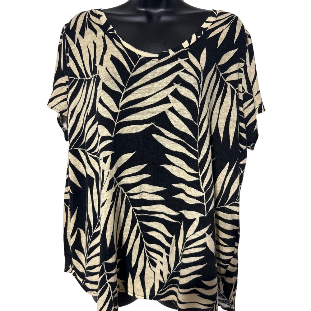Casual Linen Black & Tan Leaf Print Short Sleeve Tee